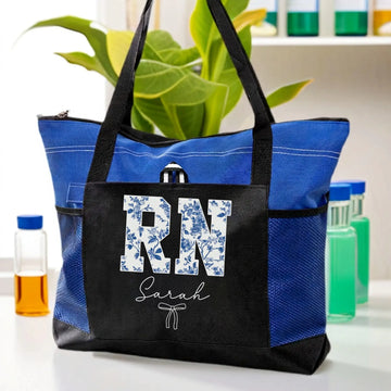 Personalized Blue Floral RN Tote Bag – nurse tote bag