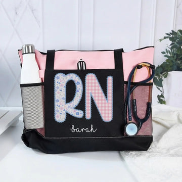 Personalized RN Floral and Gingham Tote Bag – nurse tote bag