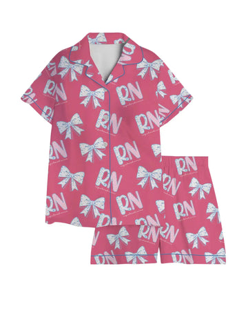 RN Registered Nurse Hot Pink Floral Bow Satin Pajama Set – nurse pajama set