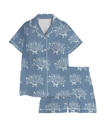 Registered Nurse Daisy Bow Steel Blue Satin Pajama Set – nurse pajama set