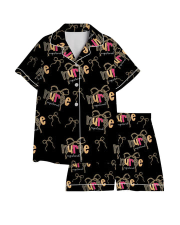 Registered Nurse Leopard Hot Pink Bow Black Satin Pajama Set – nurse pajama set