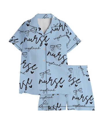 Registered Nurse Script Heart Bow Baby Blue Satin Pajama Set – nurse pajama set