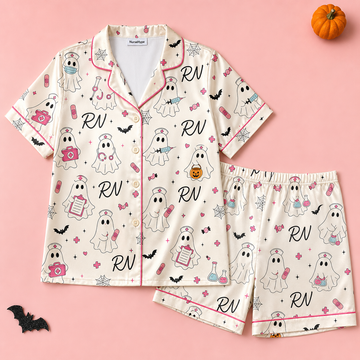 Cream Pink Ghost Nurse Halloween Satin Pajama Set