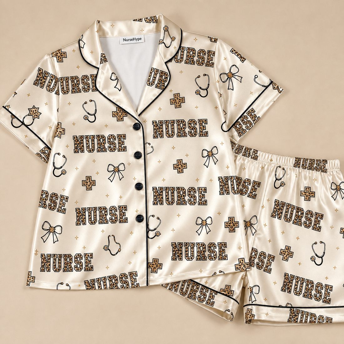 Leopard Print Nurse Varsity Satin Pajama Set - Short Style Flat Lay
