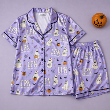 LPN Boo Boo Crew Halloween Ghost Satin Pajama Set - Short flat lay