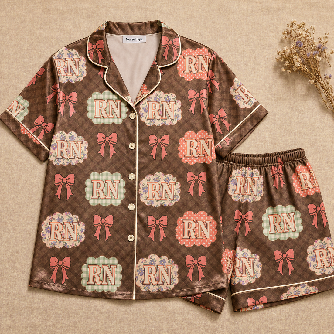 RN Scalloped Patch Bow Brown Plaid Satin Pajama Set - Short Style Flat Lay