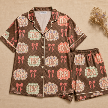RN Scalloped Patch Bow Brown Plaid Satin Pajama Set - Short Style Flat Lay