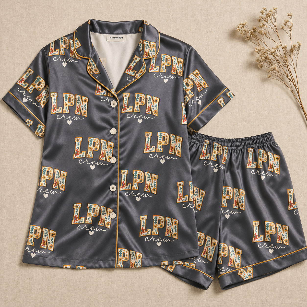 Grey Floral LPN Crew Satin Pajama Set