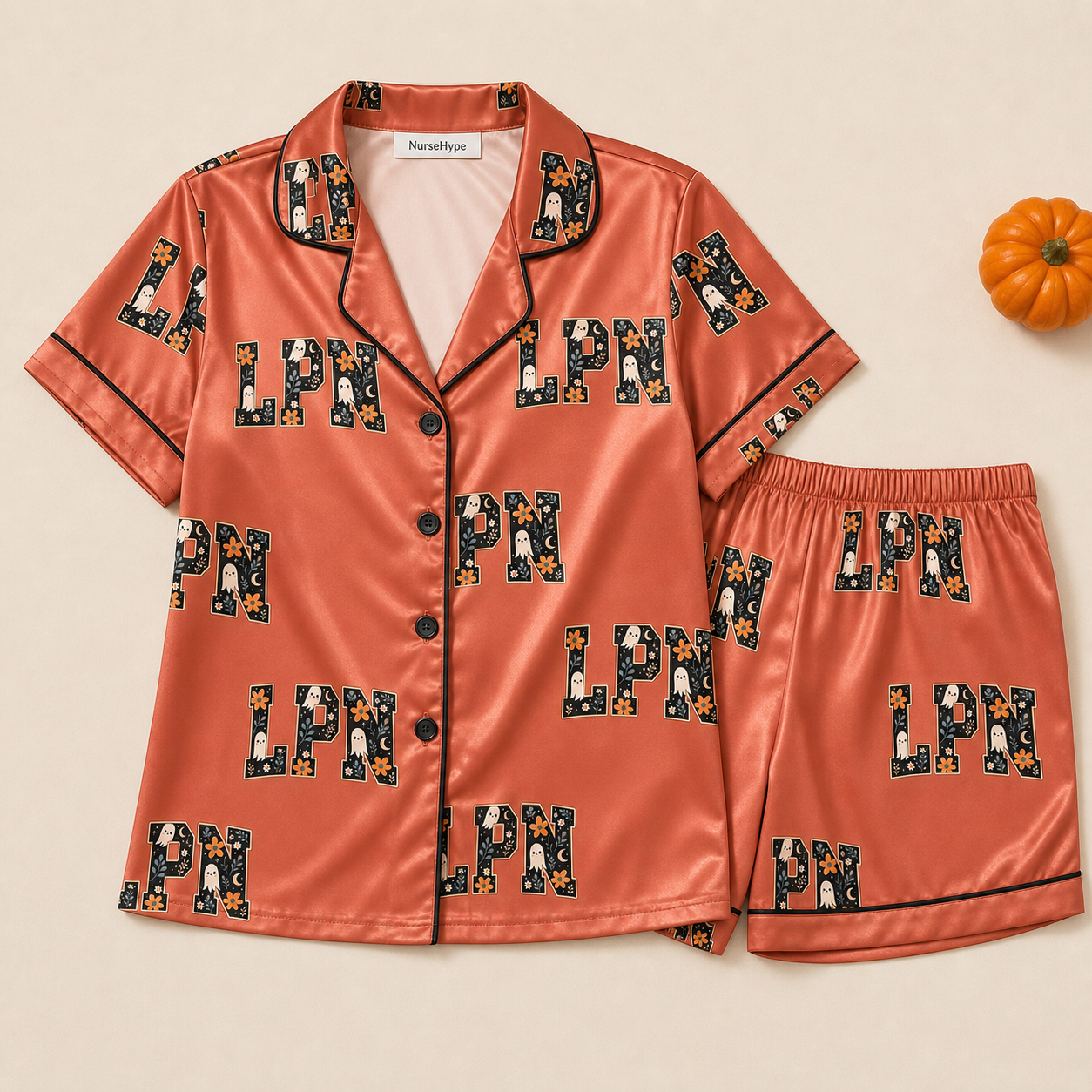 Terracotta Floral Ghost LPN Halloween Satin Pajama Set