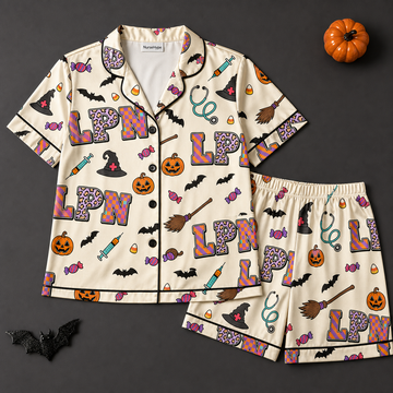 Witch Hat Broom LPN Halloween Satin Pajama Set