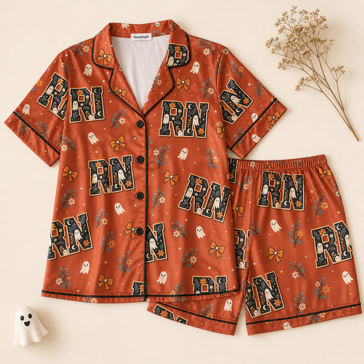 Boho Ghost Bow RN Halloween Satin Pajama Set - Short flat lay