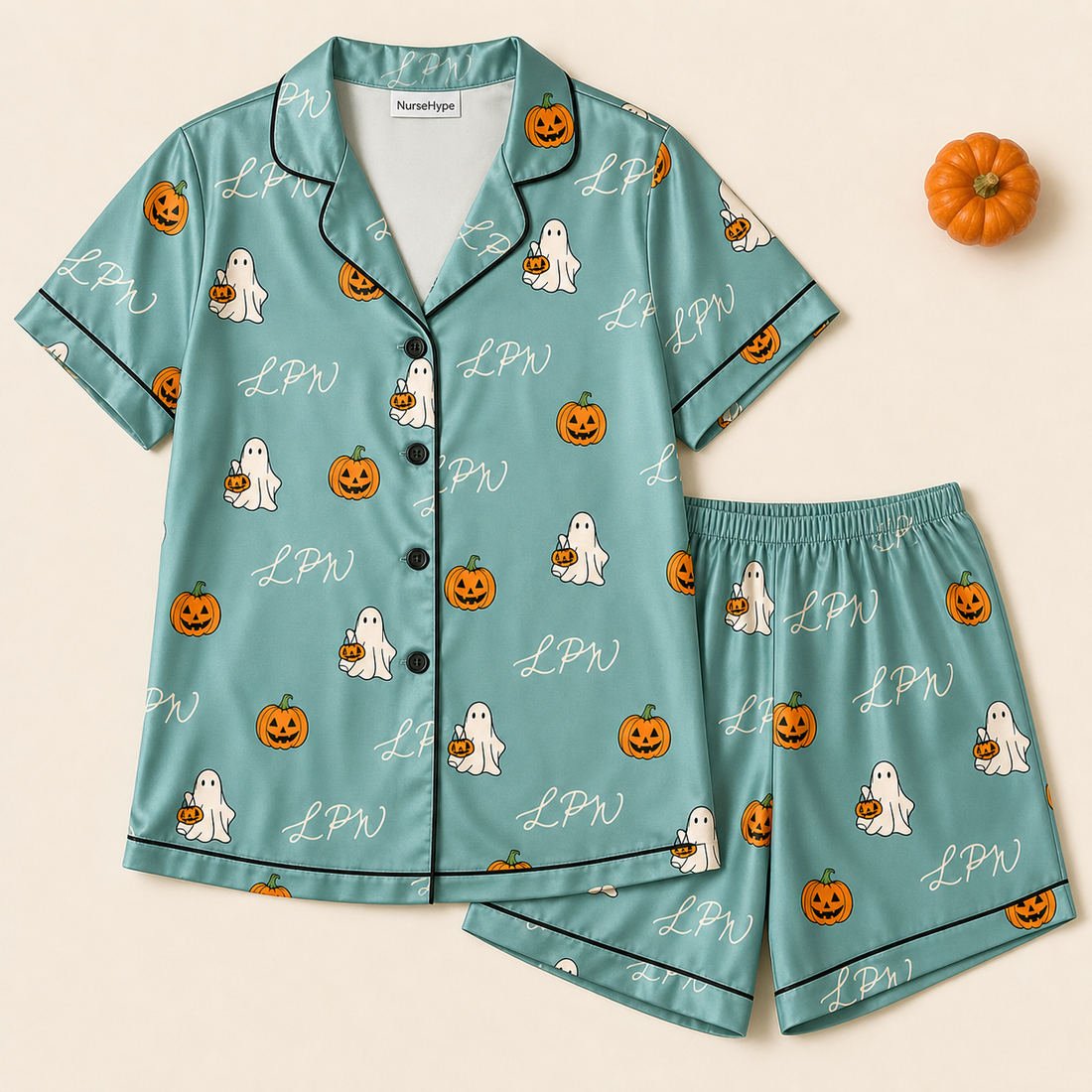 Sage Ghost Pumpkin LPN Halloween Satin Pajama Set - Short flat lay