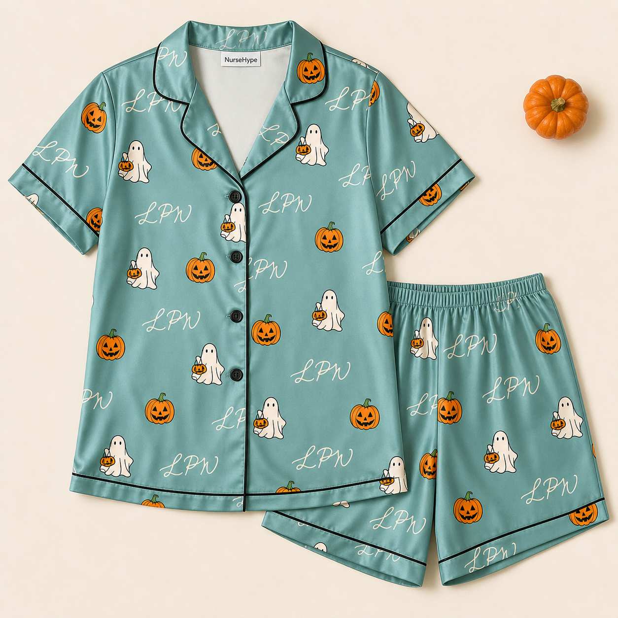 Sage Ghost Pumpkin LPN Halloween Satin Pajama Set - Short flat lay