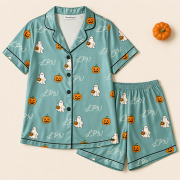 Sage Ghost Pumpkin LPN Halloween Satin Pajama Set - Short flat lay