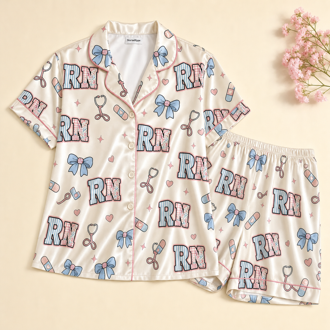 RN Patchwork Stripe Blue Bow Heart Satin Pajama Set - Short Style Flat Lay