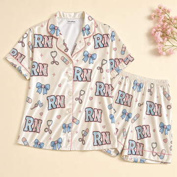 RN Patchwork Stripe Blue Bow Heart Satin Pajama Set - Short Style Flat Lay