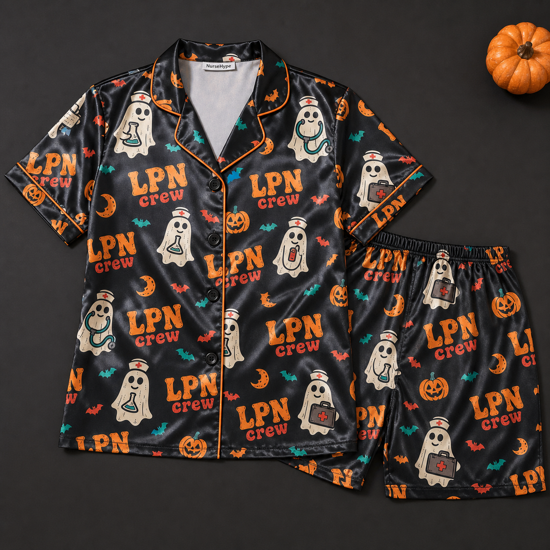 Black LPN Crew Halloween Ghost Satin Pajama Set - Short flat lay