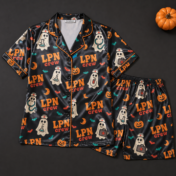 Black LPN Crew Halloween Ghost Satin Pajama Set - Short flat lay