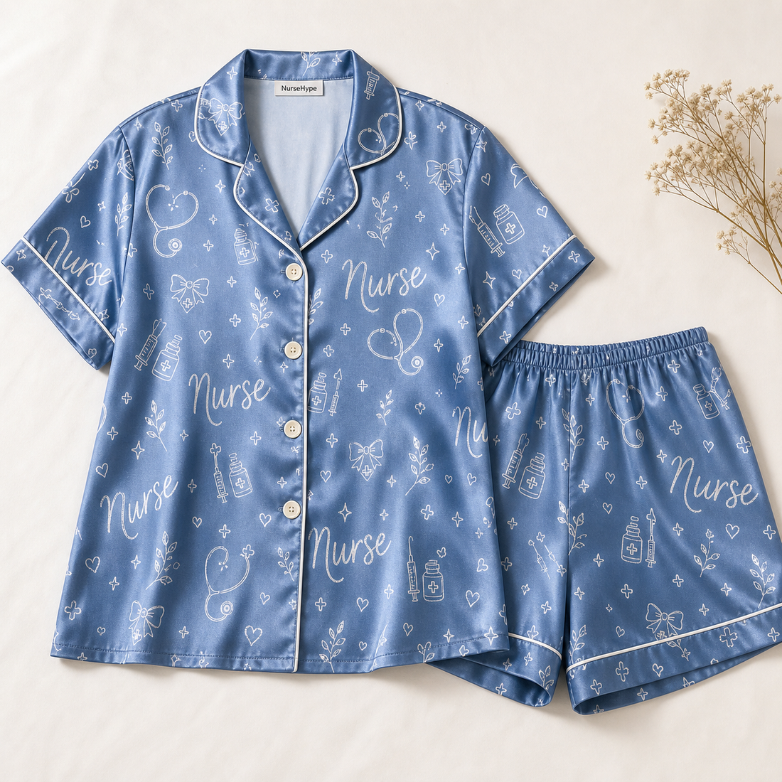Dainty Nurse Stethoscope Doodle Satin Pajama Set - Short Style Flat Lay