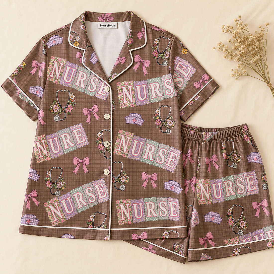 Registered Nurse Patchwork Floral Bow Brown Satin Pajama Set - Short Style Flat Lay