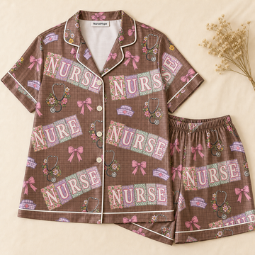 Registered Nurse Patchwork Floral Bow Brown Satin Pajama Set - Short Style Flat Lay