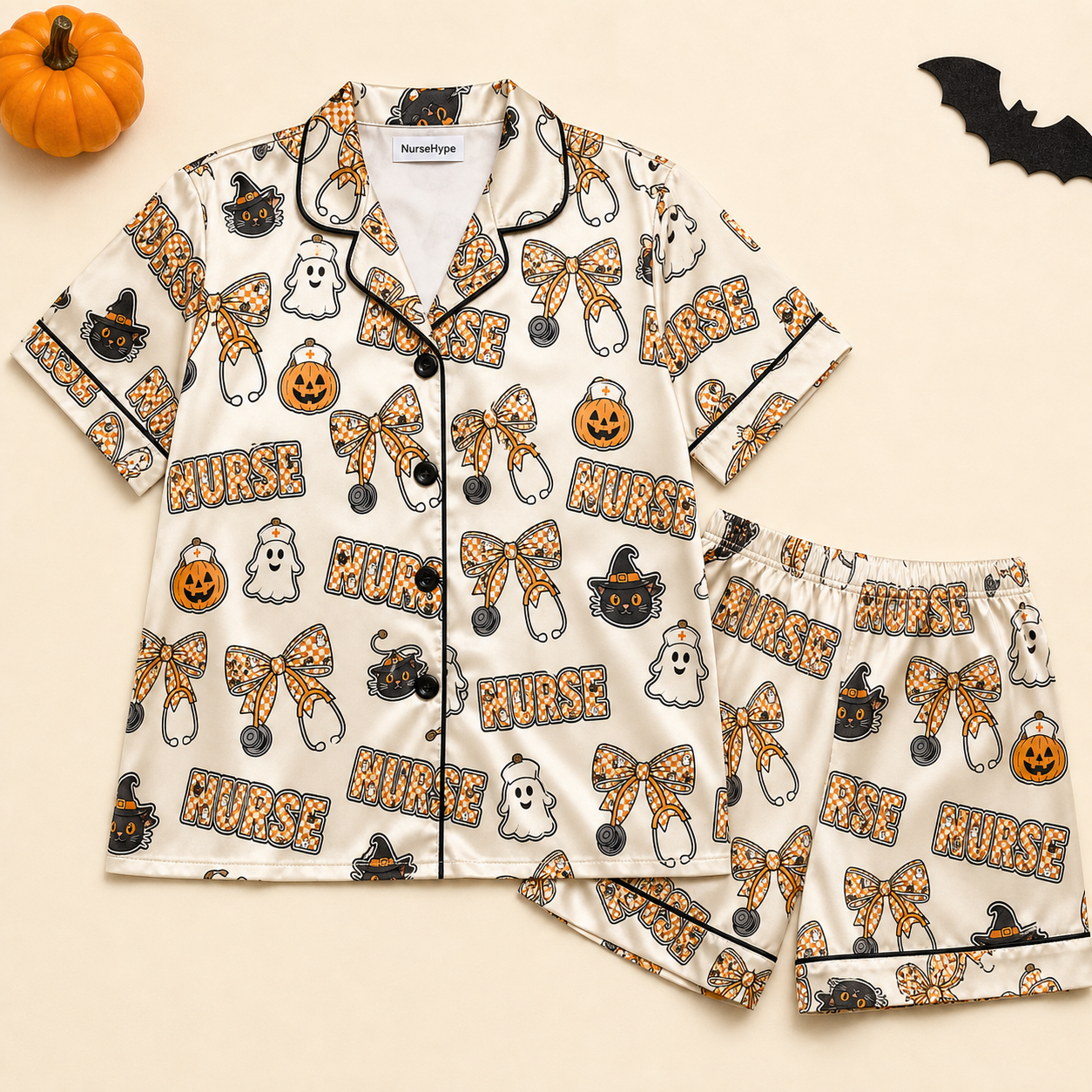 Black Cat Ghost Nurse Halloween Satin Pajama Set - Short flat lay