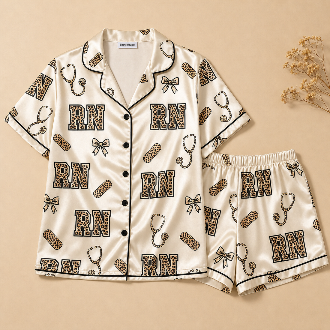 RN Leopard Print Varsity Bow Cream Satin Pajama Set - Short Style Flat Lay