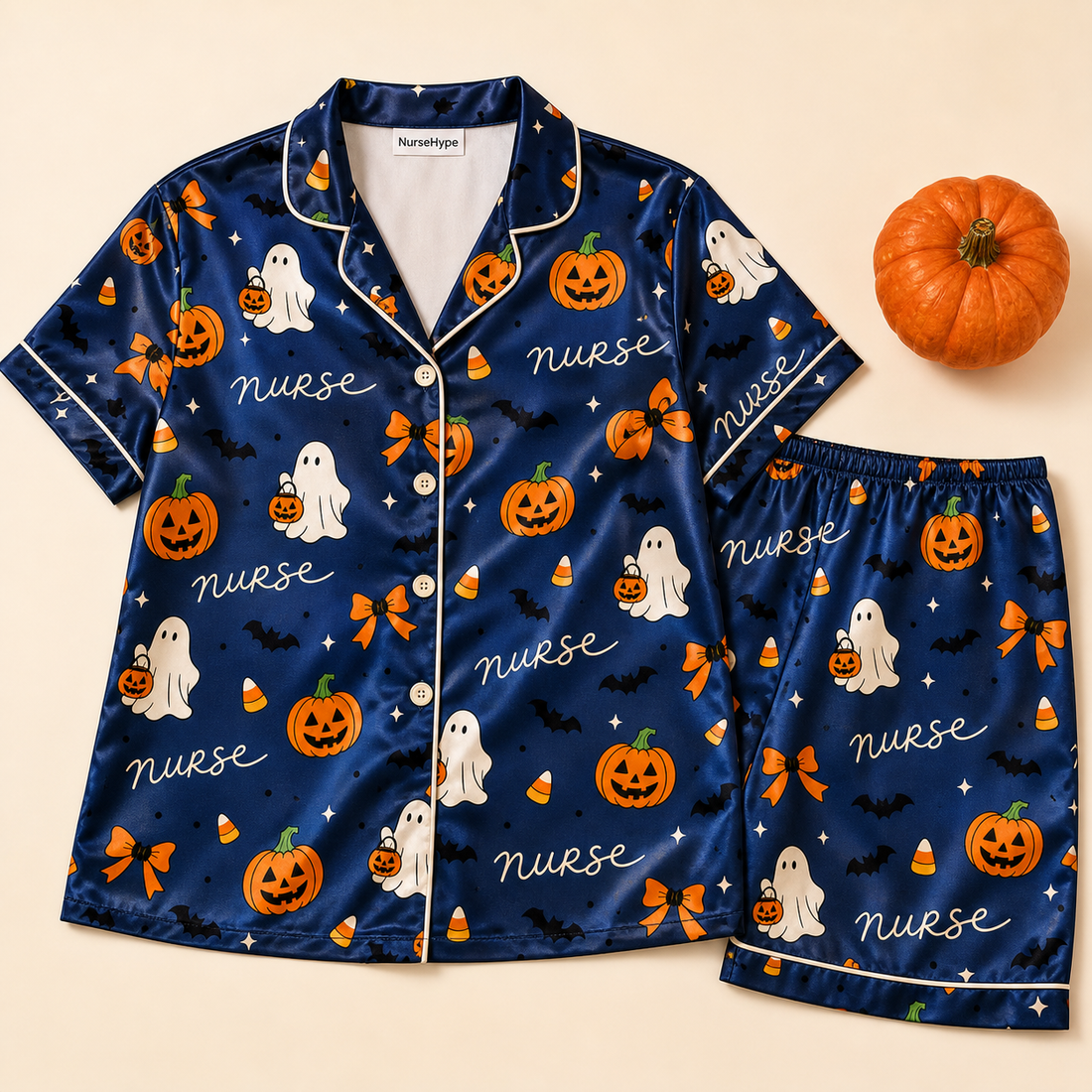 Trick or Treat Nurse Halloween Satin Pajama Set - Short flat lay