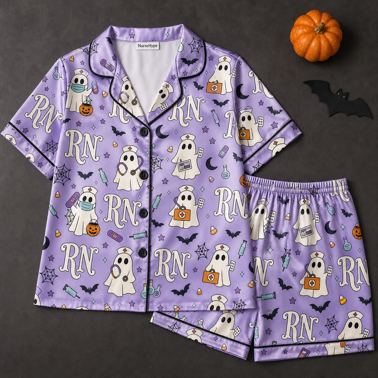 Lavender Ghost Nurse Trick-or-Treat Satin Pajama Set