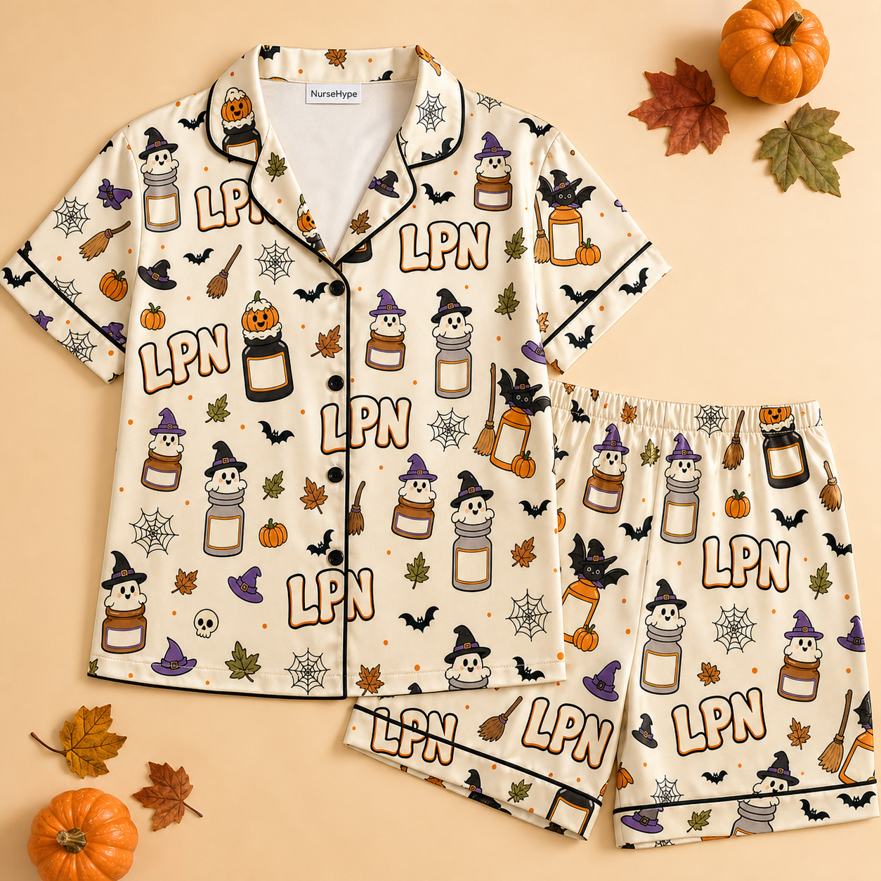 Witch Jar Ghost LPN Halloween Satin Pajama Set - Short flat lay