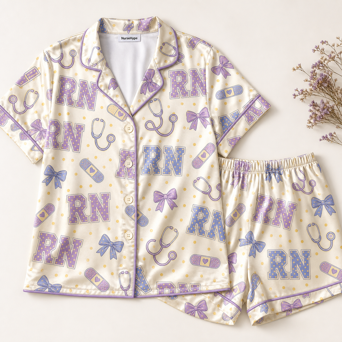 RN Polka Dot Varsity Bow Purple Satin Pajama Set - Short Style Flat Lay