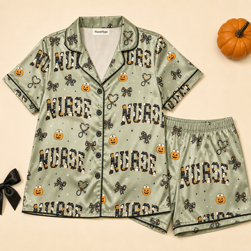Sage Green Pumpkin Nurse Halloween Satin Pajama Set