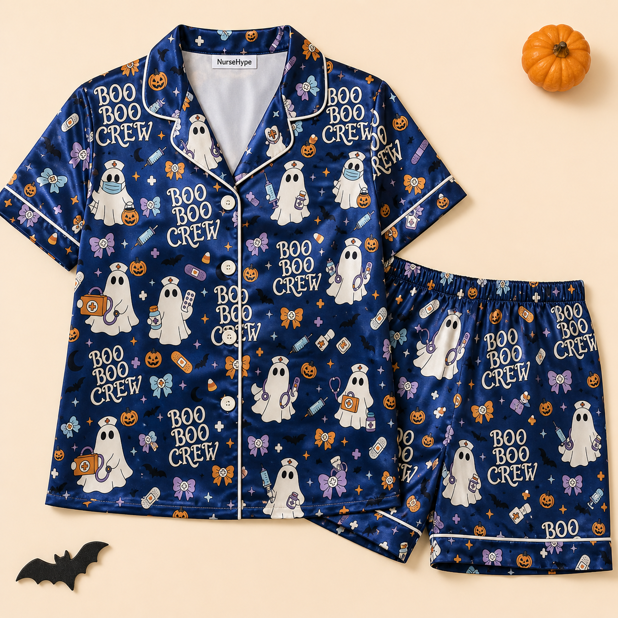 Boo Boo Crew Nurse Ghost Halloween Satin Pajama Set - Short flat lay