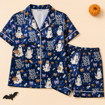 Boo Boo Crew Nurse Ghost Halloween Satin Pajama Set - Short flat lay