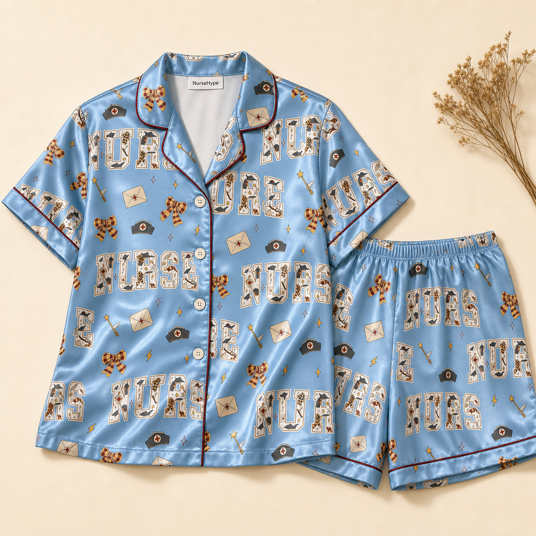 Wizard School Nurse Wand Satin Pajama Set - Short flat lay