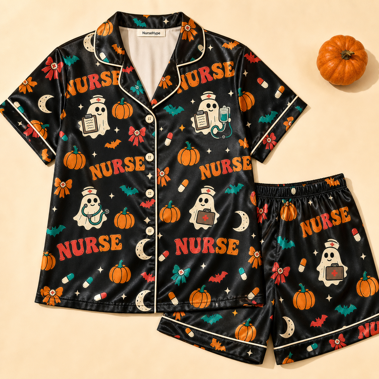 Retro Nurse Ghost Halloween Black Satin Pajama Set - Short flat lay