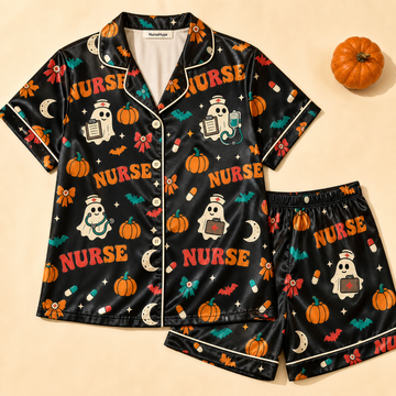 Retro Nurse Ghost Halloween Black Satin Pajama Set - Short flat lay