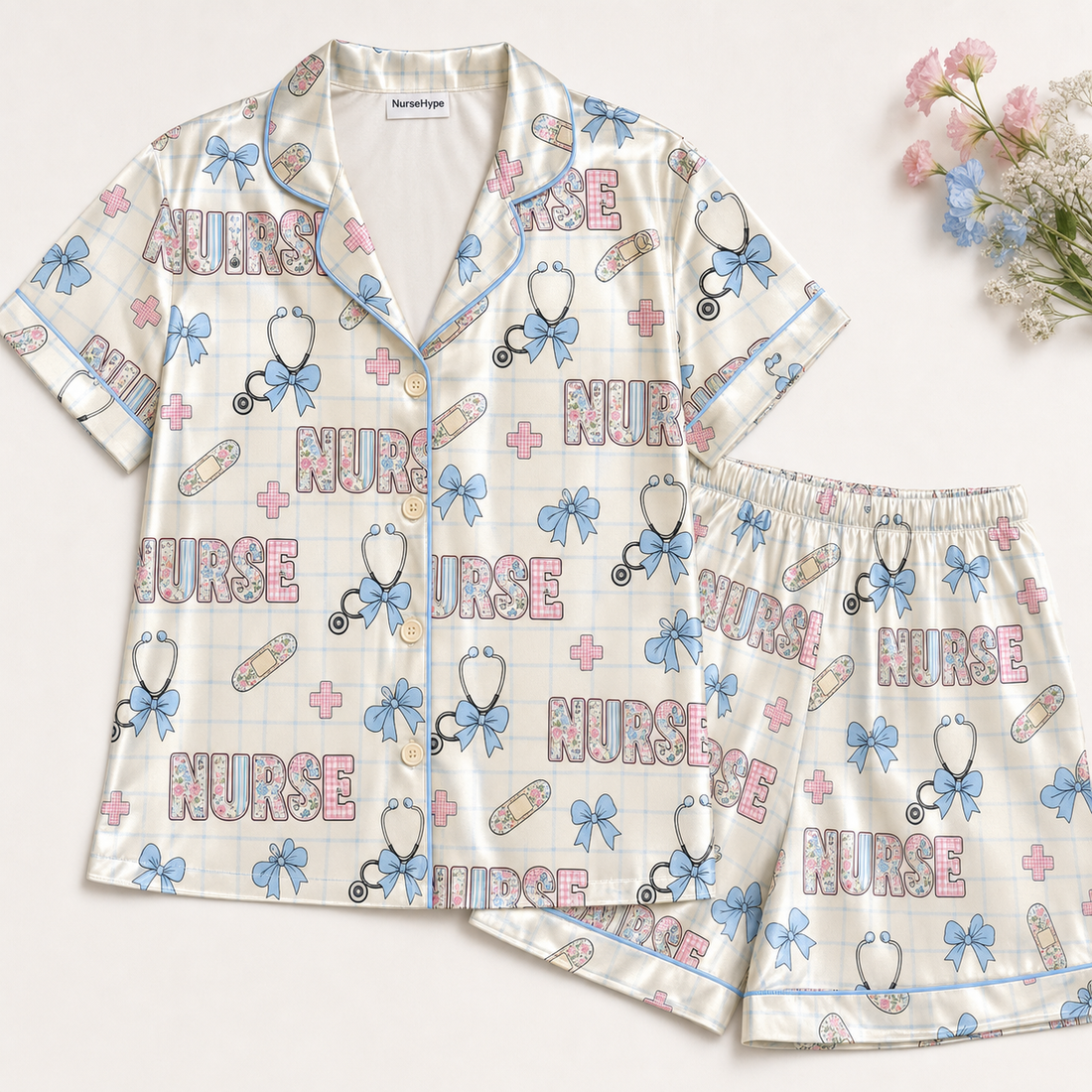 Pastel Gingham Nurse Bow Satin Pajama Set - Short Style Flat Lay
