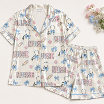 Pastel Gingham Nurse Bow Satin Pajama Set - Short Style Flat Lay