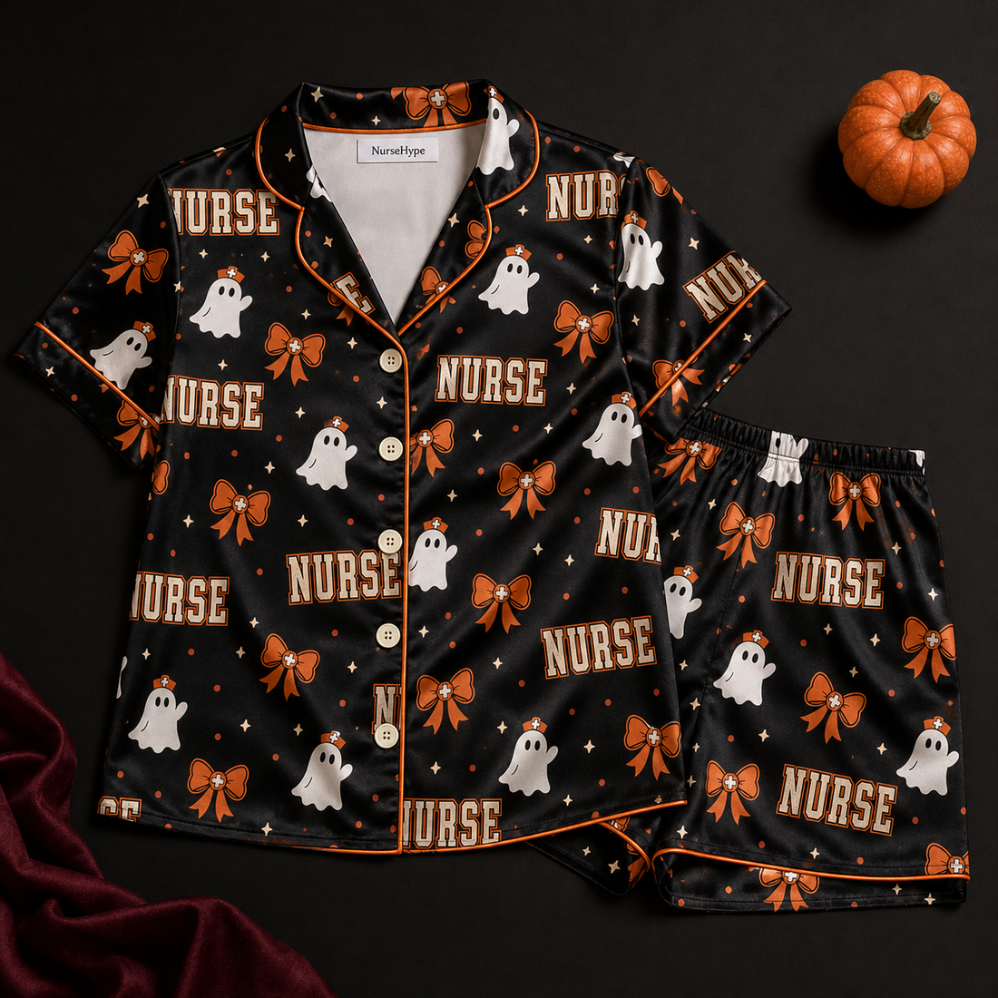 Ghost Nurse Orange Bow Halloween Satin Pajama Set - Short flat lay