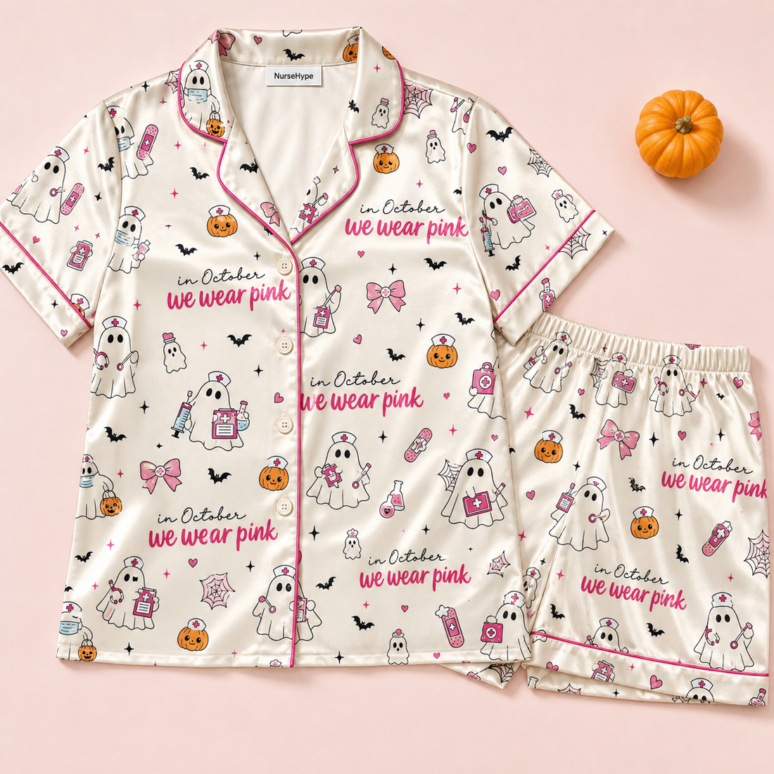 In October We Wear Pink Nurse Satin Pajama Set - Short flat lay
