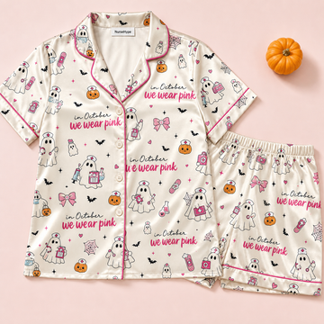 In October We Wear Pink Nurse Satin Pajama Set - Short flat lay