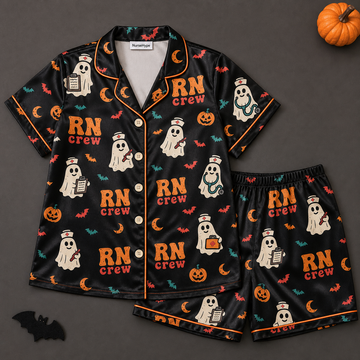 Black RN Crew Ghost Halloween Satin Pajama Set