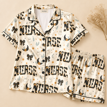 Cute Ghost Bow Nurse Halloween Satin Pajama Set - Short flat lay