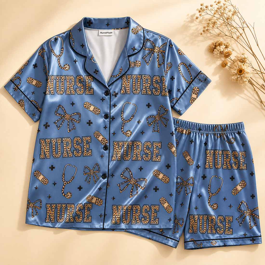 Leopard Print Nurse Bow Bandage Blue Satin Pajama Set - Short Style Flat Lay