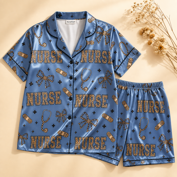 Leopard Print Nurse Bow Bandage Blue Satin Pajama Set - Short Style Flat Lay