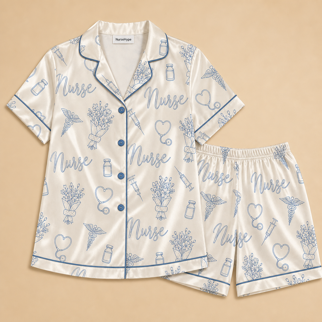 Nurse Caduceus Floral Bouquet Line Art Satin Pajama Set - Short Style Flat Lay