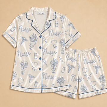 Nurse Caduceus Floral Bouquet Line Art Satin Pajama Set - Short Style Flat Lay