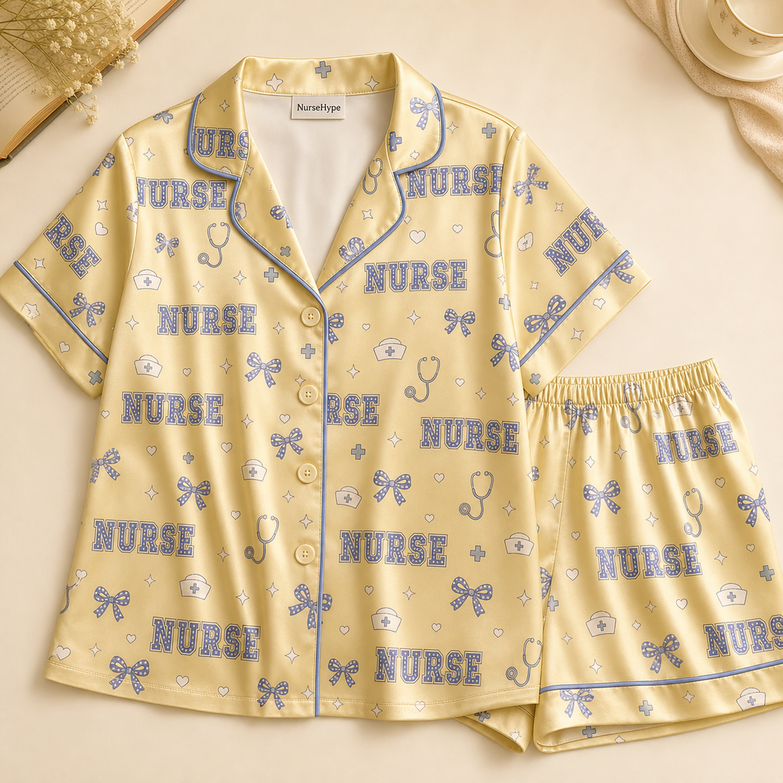 Polka Dot Nurse Bow Satin Pajama Set - Short Style Flat Lay