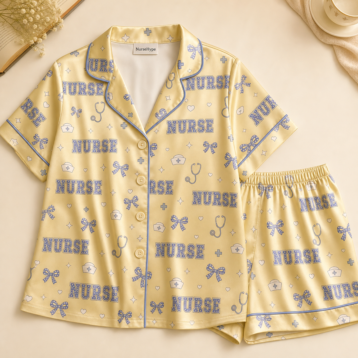 Polka Dot Nurse Bow Satin Pajama Set - Short Style Flat Lay